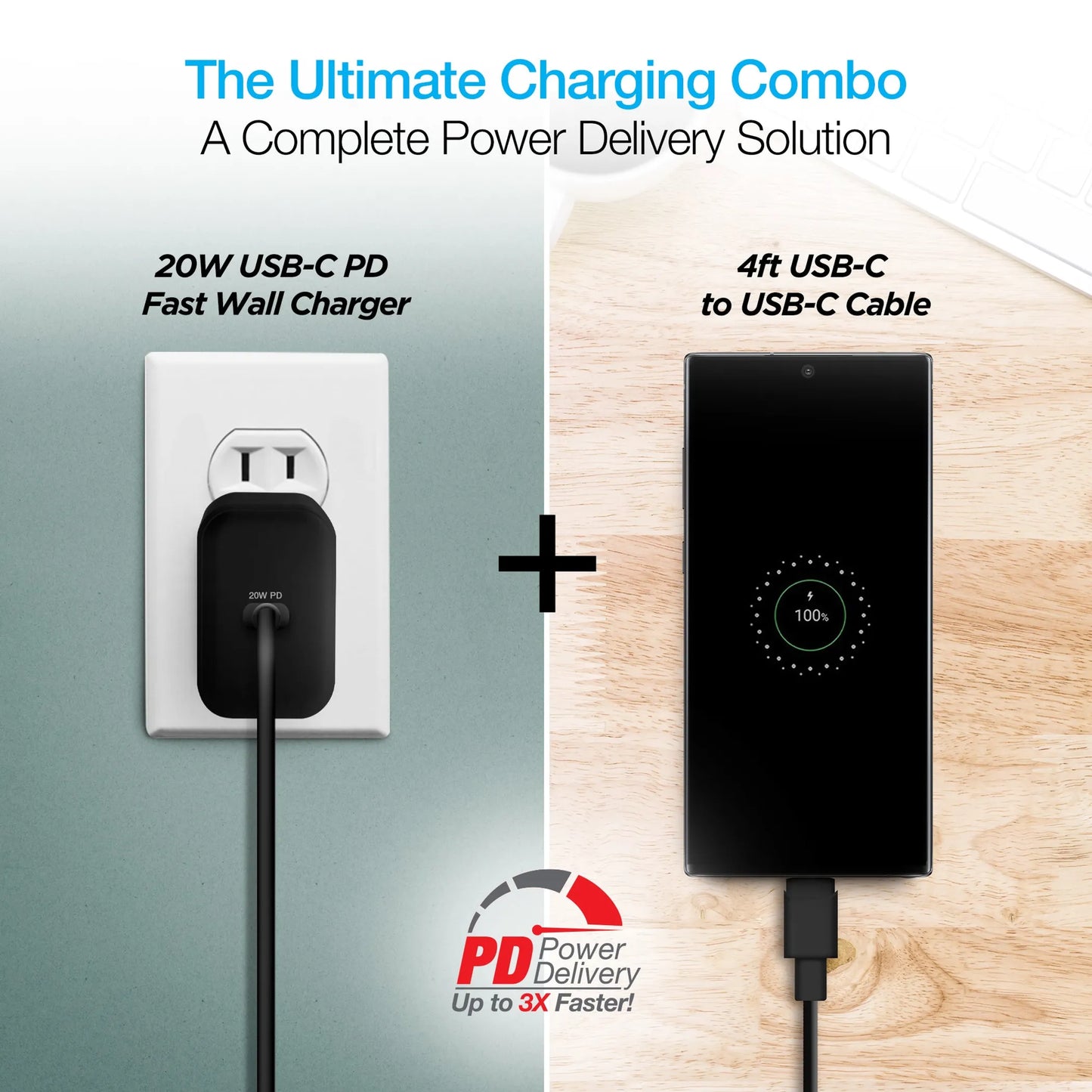 Naztech 20W PD Wall Charger + USB-C to USB-C 4ft Cbl BLK