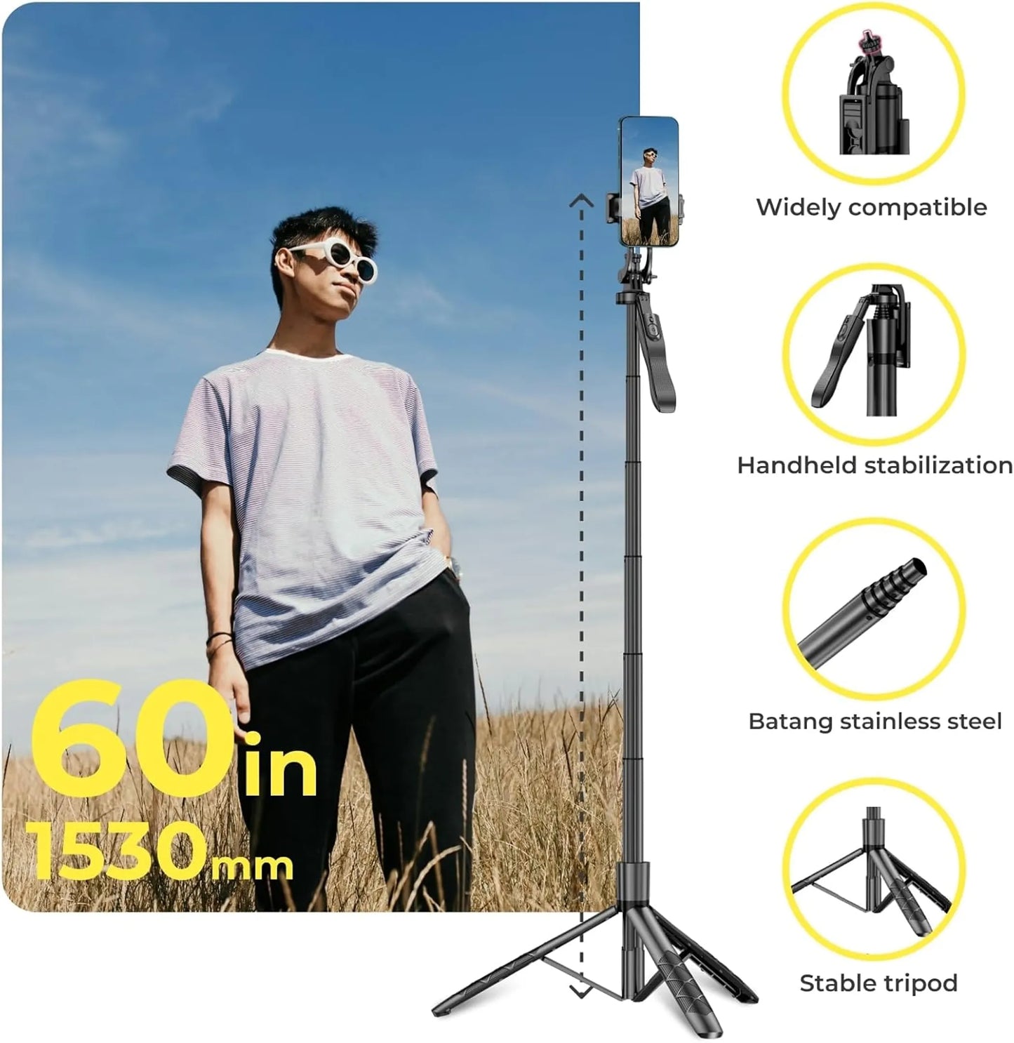 Phone Tripod 62" Selfie Stick for iPhone with Remote and 3W LED Light
