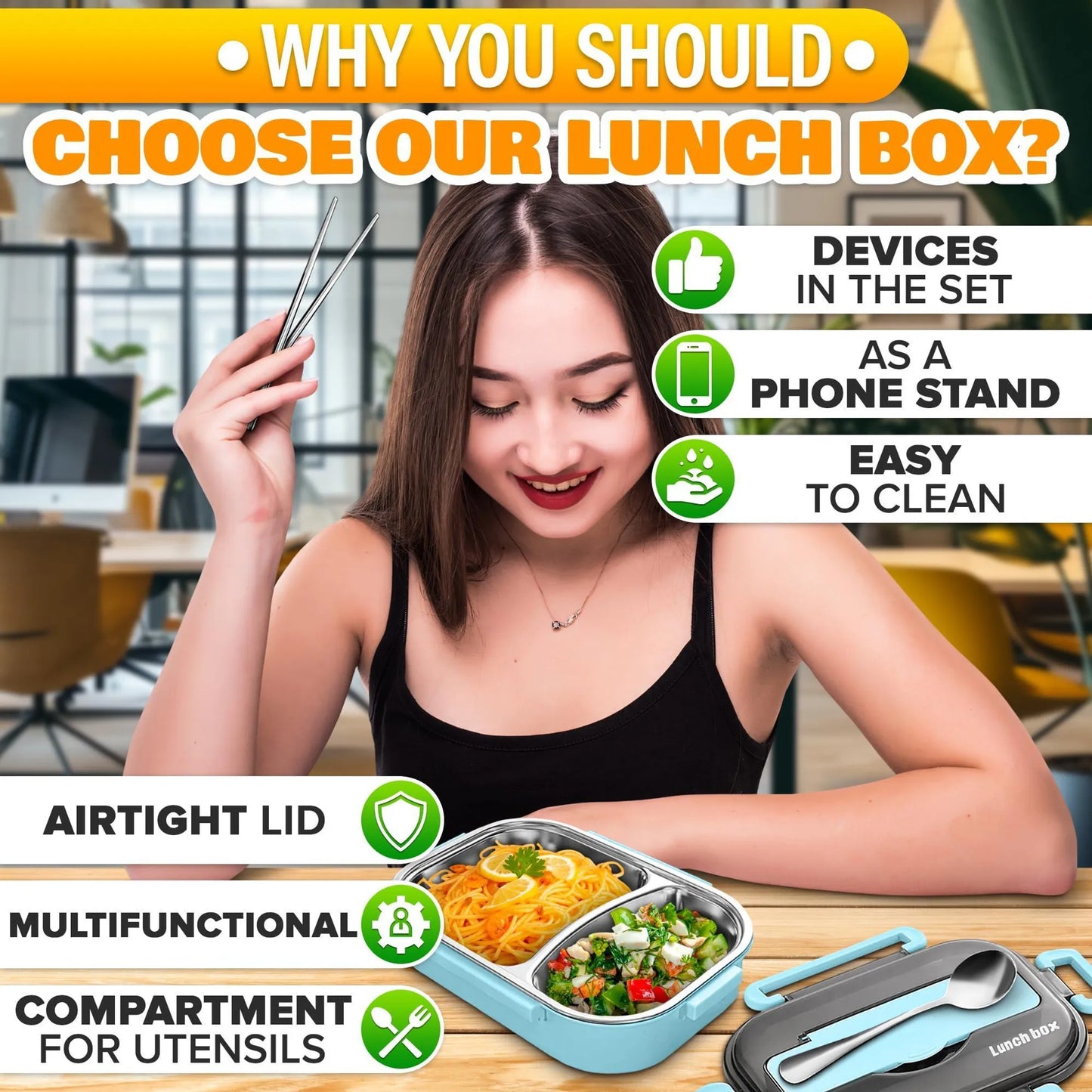 48.5 Oz Stainless Steel Bento Box Adult with Phone Stand Reusable Stainless Steel Lunch Box for Hot Food with Durable Plastic & Soft Rubber Cover Insu