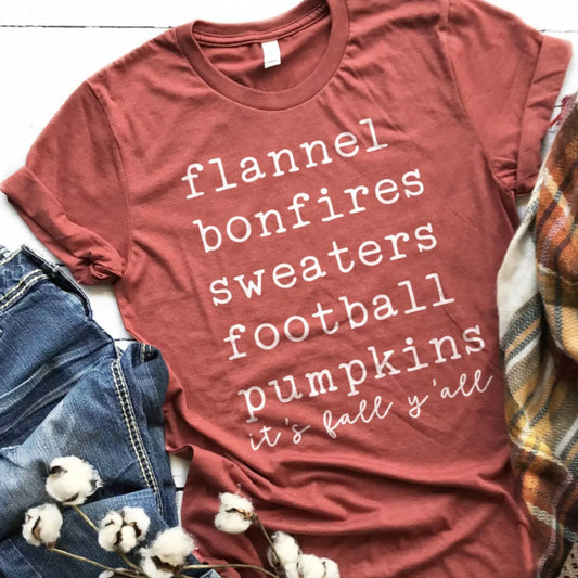 Women's Fall Y'all Vibes Bucket List T-Shirt Flannels Football Bonfires Pumpkins