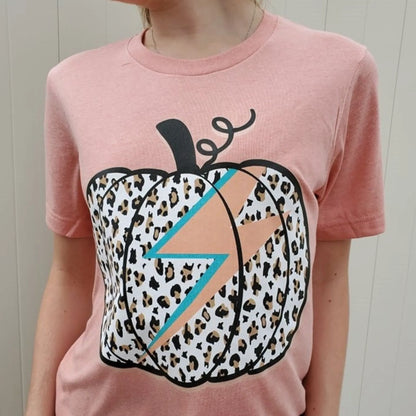 Women's Retro Leopard Pumpkin Lightning Bolt Halloween Fall T-Shirt