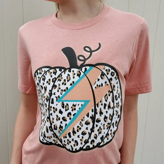 Women's Retro Leopard Pumpkin Lightning Bolt Halloween Fall T-Shirt
