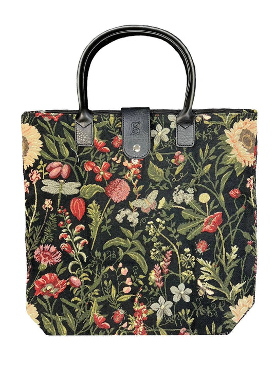 Morning Garden Black FOLDING Reusable Tote Bag