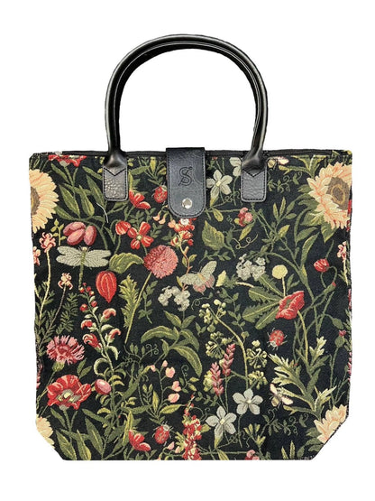 Morning Garden Black FOLDING Reusable Tote Bag
