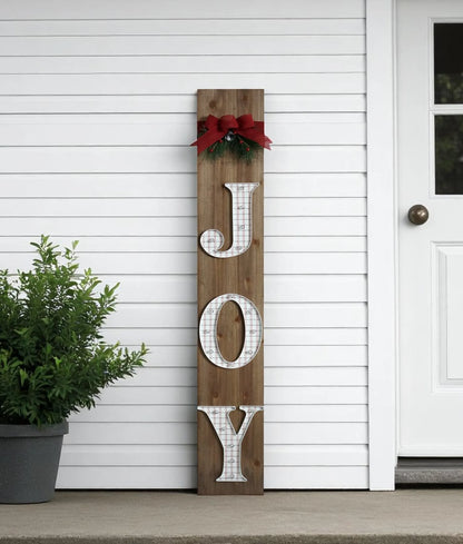 60" Brown Solid Wood Joy Christmas LED Lights Porch Sign
