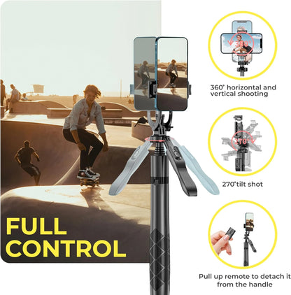 Phone Tripod 62" Selfie Stick for iPhone with Remote and 3W LED Light