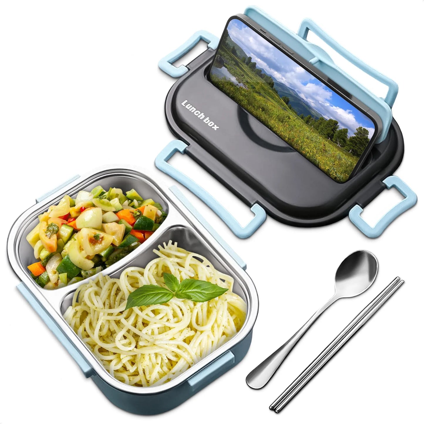 48.5 Oz Stainless Steel Bento Box Adult with Phone Stand Reusable Stainless Steel Lunch Box for Hot Food with Durable Plastic & Soft Rubber Cover Insu