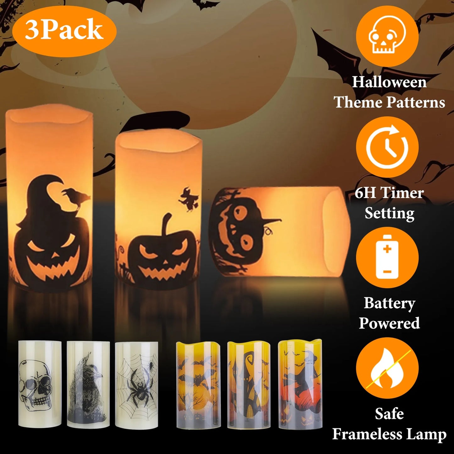 3 Pack Halloween Flameless Candle Lamp