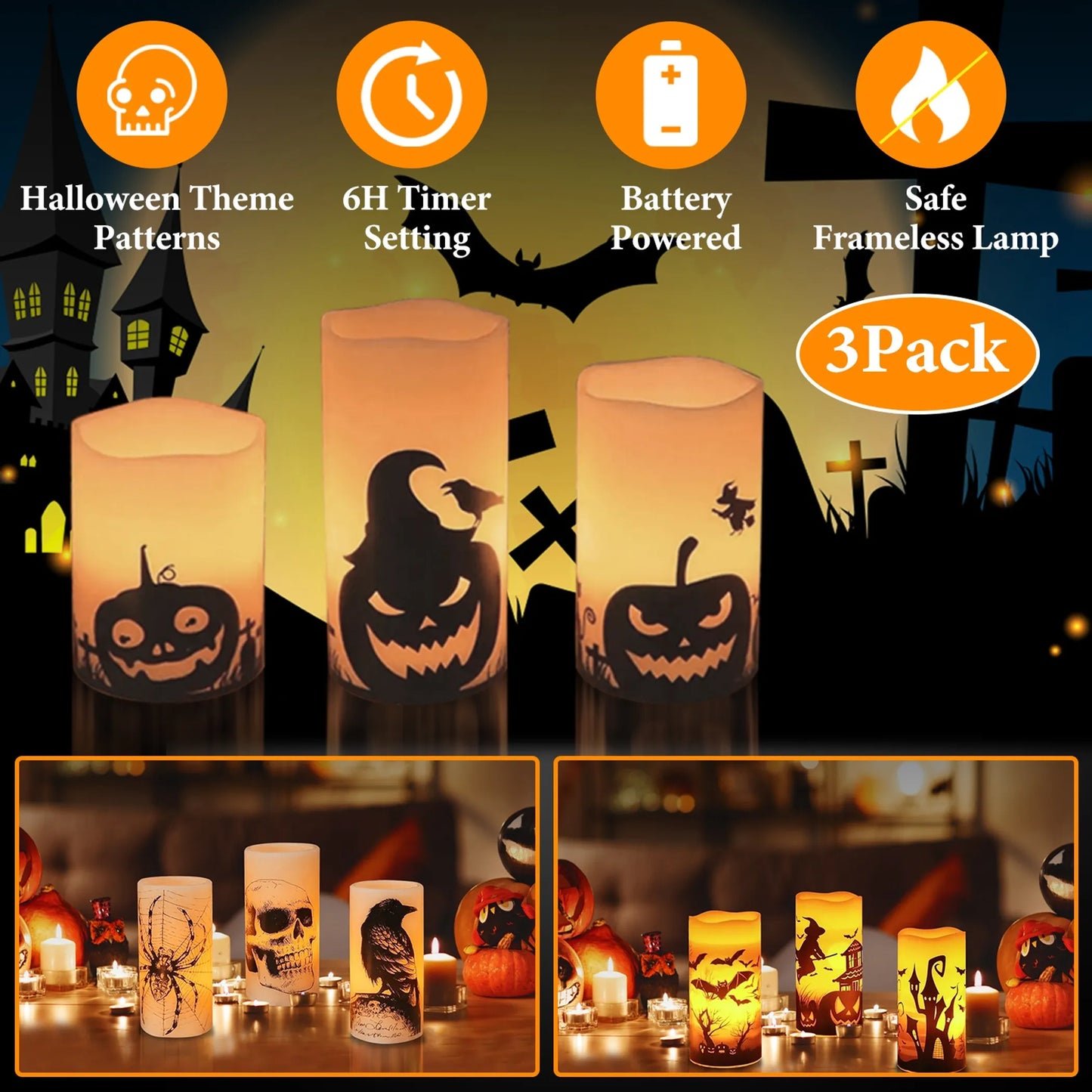 3 Pack Halloween Flameless Candle Lamp